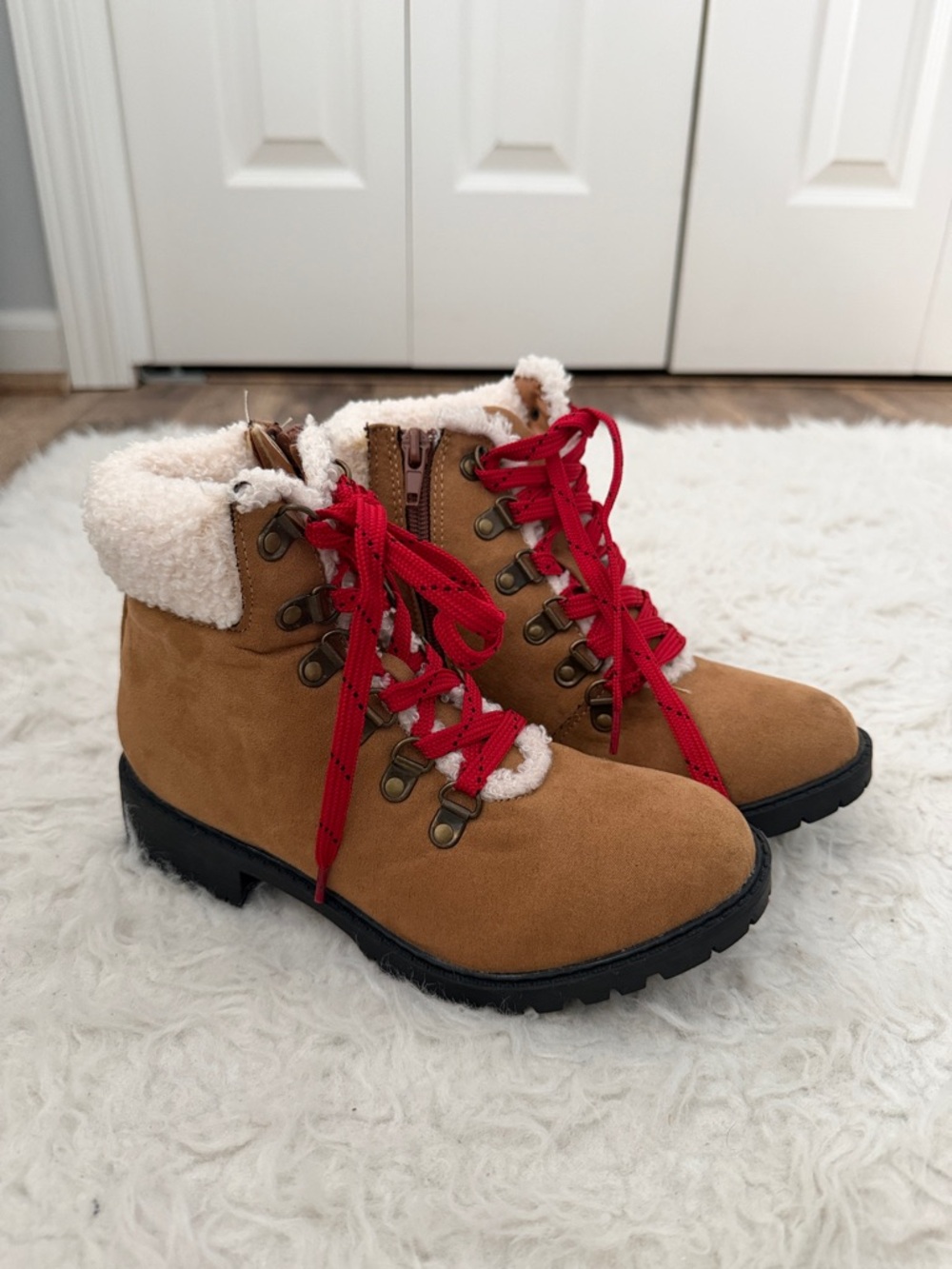 Tan Faux-Suede Booties with Red Laces - Picture 1 of 1